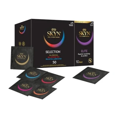 Image of SKYN Selection Condoms Pack of 50 &amp; Elite 10 / Skynfeel Latex Free Condoms, x Original, Intense Feel, Extra Lube, Regular Size Ultra Thin
