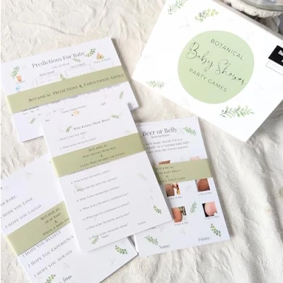 Image of Baby Shower Game Green Bundle, 9 Games, Keepsake Prediction &amp; Advice Cards, Neutral, for 10 Guests Botanical