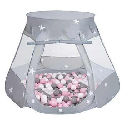 Image of Selonis Play Tent 105X90cm/100 Balls Castle House Pop Up Ballpit Plastic For Kids, Grey:White/Grey/Mint