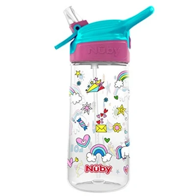 Image of Nuby Push Button Flip it Soft Spout Tritan Water Bottle, Pink Unicorns, 18 Oz