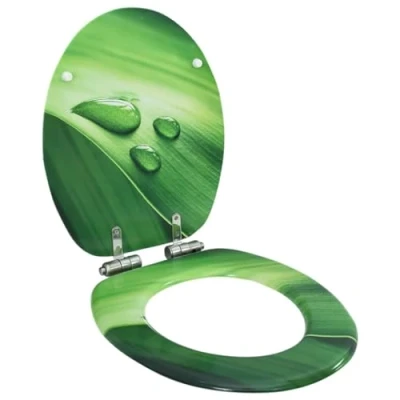 Image of vidaXL WC Toilet Seat with Soft Close Lid Green Water Drop MDF Adjustable Chrome Zinc Alloy Hinges, Quiet Bathroom Fixture