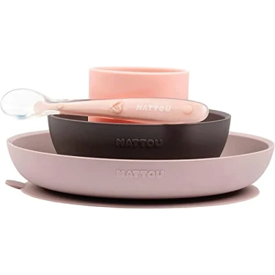 Image of Nattou Feeding Dinner Set or Tableware (Plate, Bowl, Cup, Spoon), Baby Led Weaning, BPA Free Silicone, 100 Percent Recyclable Packaging, 4 Piece Set, Months+, Pink and Eggplant color
