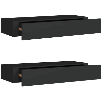 Image of vidaXL Wall Mounted Drawer Shelves, 2 pcs in Modern Black Finish, Compact Design, Durable MDF and Metal Construction, for Living Room Display Storage