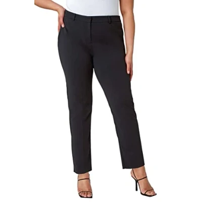 Image of Roman Originals Work Trousers for Women UK Ladies Office Smart Stretch Suit Pants Slacks Cigarette Straight Leg Tailored High Elasticated Waist Ankle Grazer Slim Plus Plain Black Size 26