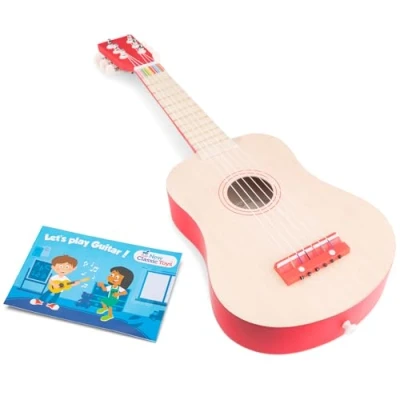 Image of New Classic Toys 10300 Wooden Guitar Toy for Toddlers 3 Boys and Girls Baby Gifts, Kids Musical Instruments Childrens Three Year Old Inclusive Musicbook, 10341, Natural/Red, Deluxe Naturel/Red