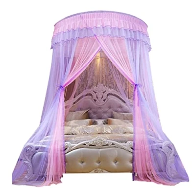 Image of Obelunrp Bed Canopy Lace Sheer Mesh Princess Dome Mosquito Net Decoration Hanging Curtains for Double Purple Round