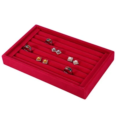 Image of Salmue Fashion Ring Display Box, Jewelry Tray Organizer Earring Holder Case Box Showcase for 7 Slots Can Hold 50 70 Rings(Red)