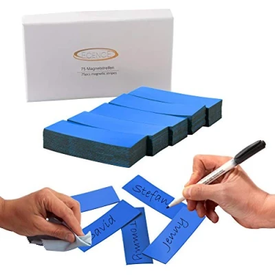 Image of ECENCE Dry Erase Magnetic Labels 75pcs Reusable Name Tags 2.36inchx0.79inch Writable Sticker Notes for Whiteboard Refrigerator Locker Classroom Blue