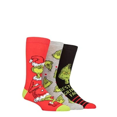 Image of Mens and Women&#039;s 3 Pair SOCKSHOP Grinch Cotton Socks Assorted 6 11