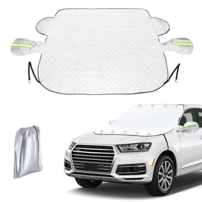 Image of AdrreyuFny Car Windshield Cover, Magnetic Foldable Sunshade Ice and Snow Reflective Side Wing Mirrors Windscreen Cover for Cars, SUV, Van (165 * 126cm)