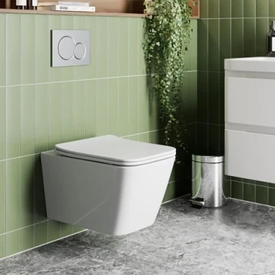 Image of Modern Bathroom Wall Hung Rimless Toilet Pan Soft Close Square Seat Gloss White