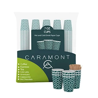 Image of Caramont,200 ml / 7 Ounce 400 Paper Coffee Cups for Takeaway Drinks with Wooden Stirrers, Environmentally Friendly and Disposable, Heat Resistant, Cold Hot ; Coffee, Tea, Birthday, etc