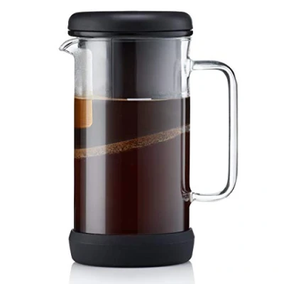 Image of Barista &amp; Co One Brew Single Coffee Maker Reusable Tea and Strainer with Borosilicate Glass Beaker, Metal Filter Anti Slip Silicone Base Black 4 in 1 Manual Infuser
