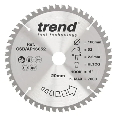 Image of Trend Aluminium &amp; Plastic Circular Saw Blade, 160mm Diameter, 20mm Bore, 52 Teeth, TCT, 2.2mm Kerf, 6 Hook, CSB/AP16052