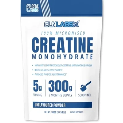 Image of Creatine Monohydrate Powder 300g (60 x 5g Servings) 200 Mesh Fine Grade Powder, Pure &amp; Mixes Easily Includes Scoop Unflavoured Made in The UK by CLN Labs