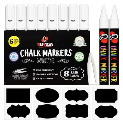 Image of BUYZIA Liquid Chalk Markers 8 Pack White Pens, 6mm Reversible Nib Chalkboard Pens for Blackboards, Windows, Glass, Signs &amp; Art Wet Wipe Erasable