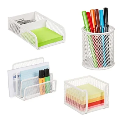 Image of Relaxdays Desk Organiser Set, 4 Pieces, Document, Note Box, Paperclip &amp; Pen Holder, Metal, White, 100% steel, 13.5 x 17.5 8 cm