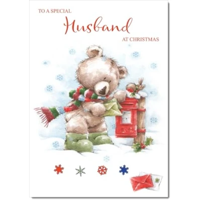 Image of doodlecards Husband Christmas Card Cute Bear at Post Box Medium Size for with Plain Envelope