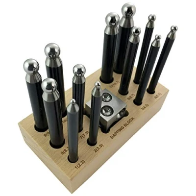 Image of Jewellers Tools 13 DAPPING PUNCHES DOMING BLOCK 25MM 12 DEPRESSIONS WOODEN STORAGE STAND