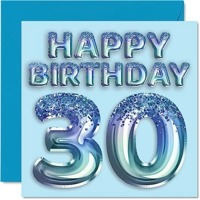 Image of 30th Birthday Card for Men Blue Glitter Party Balloon Happy Cards 30 Year Old Man Brother Friend Uncle Dad, 145mm x Thirty Thirtieth Bday Greeting Gift