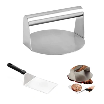 Image of Burger Press with Grill Spatula Set, 304 Stainless Steel Smasher, Round Hamburger Press, Smash for Cooking, BBQ, Flat Top Griddle, Hamburger, Steaks, Paninis