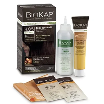 Image of BIOKAP Rapid Permanent Hair Colour 4.05 Chocolate Chestnut Brown Only 10 Minutes Reaction Time Organic Argan Oil TricoRepair Complex Vegan Optimal Grey Coverage Up to 80% Natural