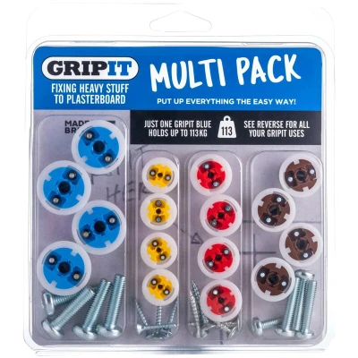 Image of Gripit Mixed Plasterboard Fixings Kit Pack of 16 Heavy Duty for Drywall &amp; Stud Walls, Holds Up to 113kg Mounting TVs, Curtains Shelfs Easy Install UK Designed