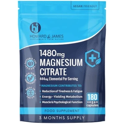 Image of Magnesium Citrate 1480mg 180 Vegan Capsules not Tablets Providing 444mg Elemental 3 Month Supply High Strength Supplements Made in The UK by Howard &amp; James