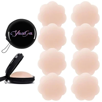 Image of YouGa Women Silicone Pasties, Adhesive Bra Reusable 2/4 Pairs Invisible Nipple Cover (Nude Flower)