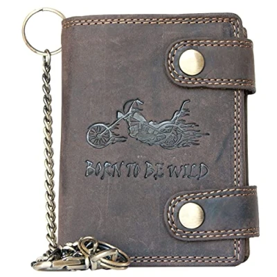 Image of Genuine Leather Biker&#039;s Wallet Born to be Wild with Motorbike, 14 inches Long Metal Chain Hang
