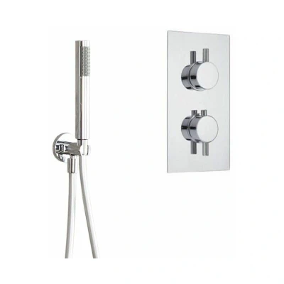 Image of Milano Mirage 1 Outlet Twin Thermostatic Mixer Shower Valve with Pencil Hand Handset Hose Elbow and Bracket Chrome