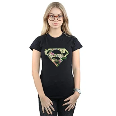 Image of DC Comics Women&#039;s Supergirl Floral Shield T Shirt Black Small