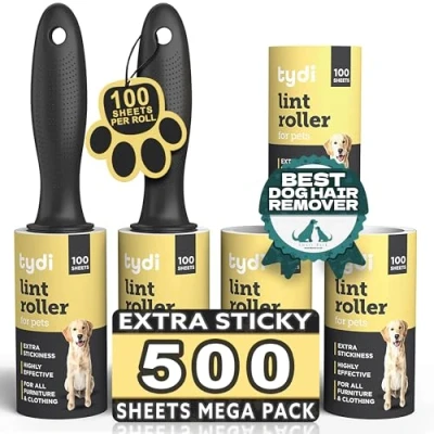 Image of Tydi Pet Lint Rollers 500 Sheets of Roller Refills &amp; 2 Handles 100 per Sticky Clothes for Hair Reusable Fluff Remover