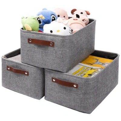 Image of Mangata Set of 3 Fabric Storage Boxes, Thicken Canvas Basket with Handles for Underwear, Clothes, Towel (Large, Grey)