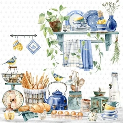 Image of 20 Napkins Food &amp; Drink Blue Tits in Kitchen Table Decoration Paper with Motif Also for Decoupage and 33 x cm