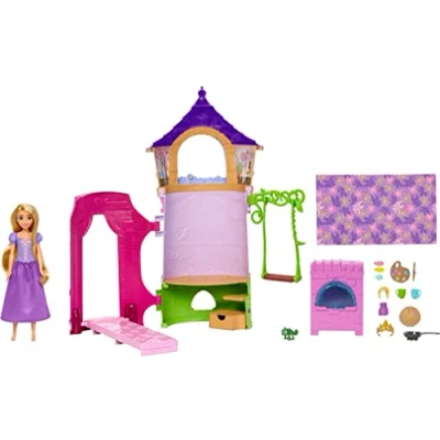 Image of Mattel Disney Princess Toys, Rapunzel Posable Doll and Tower Playset with 360 Play, 6 Play Areas 15 Accessories, Inspired by the Movie, HMV99