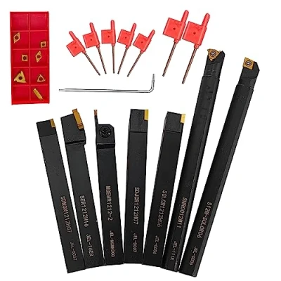 Image of 7pcs Lathe Turning Tool Set 12mm Shank Carbide Boring Bar Tools Holder Metal for Grooving Threading with Inserts Insert
