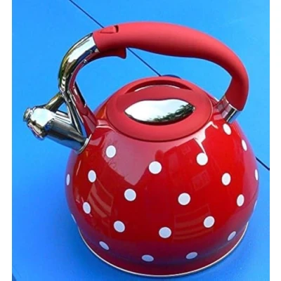 Image of Prima Kitchenware Stunning Red &amp; White Polka Dot Whistling Kettle. Polkadot, Stainless Steel, 3.5 liters