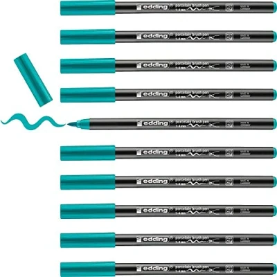 Image of edding 4200 porcelain brush pen turquoise 10 pens tip 1 4 mm felt for painting and decorating ceramics, dishwasher safe, lightfast ink, quick drying