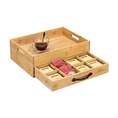 Image of Navaris Bamboo Tea Box and Tray Serving with Storage for Bags Bag Organiser Drawer 12 Compartment Carry