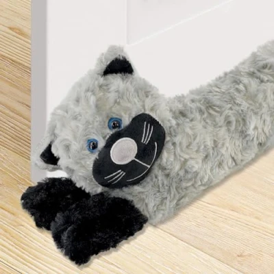 Image of The Magic Toy Shop Novelty Door Draught Excluder Cushion With Cat Design Wind Stopper And Noise, Light, Dust Blocker Draft For Doors Animal (Grey Cat)