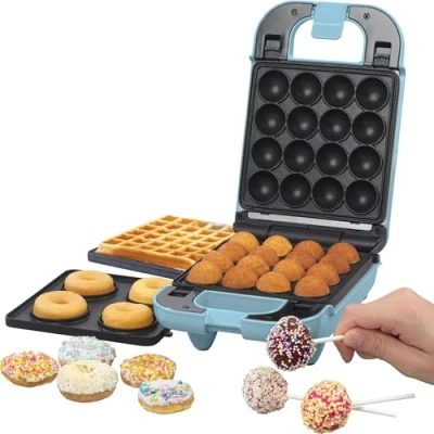 Image of Giles &amp; Posner EK4943GSBLUN 3 in 1 Mini Treat Maker Doughnuts, Cake Pops, Waffle Iron Machine, Non Stick Removable Cooking Plates, Easy Clean, Compact, Children’s Baking, Sorbet, Pastel Blue, 650 W