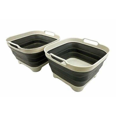Image of SAMMART 10L Collapsible Dishpan with Draining Plug Foldable Washing Basin Portable Dish Tub Space Saving Kitchen Storage Tray (Grey/Washed Black (Set of 2))