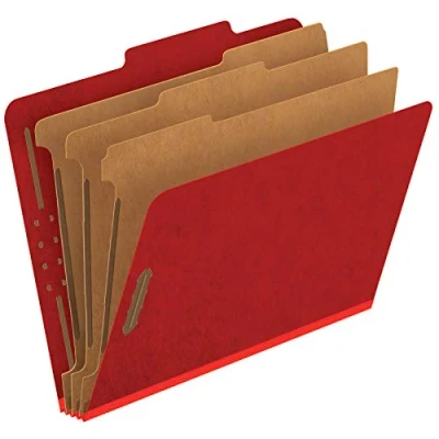 Image of Pendaflex Pressboard Classification File Folders, 3 Dividers, 2&quot; Embedded Fasteners, 2/5 Tab Cut, Letter Size, Bright Red, Box of 10 (24095)