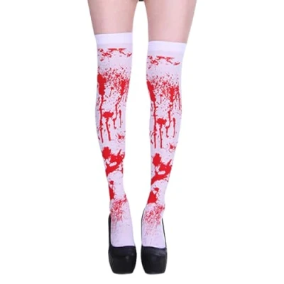 Image of Halloween Tights Kids,Skeleton Socks Costume Sexy Zombie Tockings,White Bloody Horror Nurse Devil Bride Accessories,Girls Stained Blood Stockings,Over Knee Bloodstained Cosplay Scary (Cotton, White)
