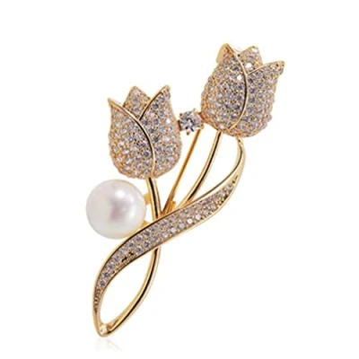 Image of Tulip Brooch Rhinestone Pearl Corsage Crystal Flower Clothing Fashion Accessory Lady Elegant Dress Decoration