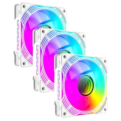 Image of GameMax KF300R Trio 120mm Reversible Blades PC Case Fans White with Infinity Mirror Center ARGB Light Effect 5V 3pin Aura Sync 800 1600 RPM 4pin PWM Suitable For PSU Shroud &amp; Bottom Of The Chassis