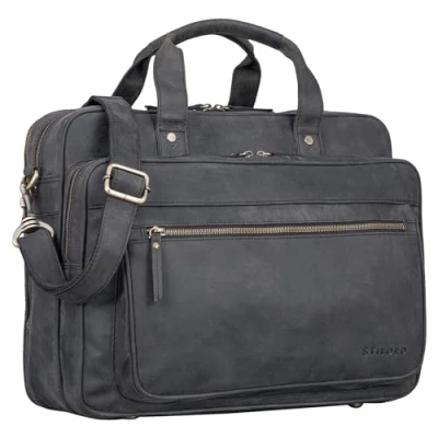 Image of STILORD &#039;Walt&#039; Vintage Business Bag Real Leather, Colour:Carbon Grey