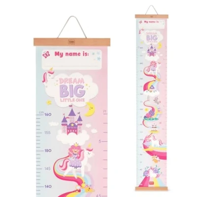 Image of Legami Dream Big Little One Pink Unicorn Height Chart for Kids up to 160 cm, 41 Stickers Included with Wooden Strips