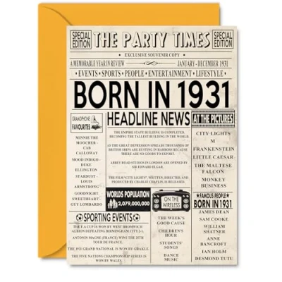 Image of 93rd Birthday Cards for Women Men Born In 1931 Newspaper Happy 93 Card Grandma Grandad Nan Vintage Retro Back 1931, A5 Ninety Three Third Bday Greeting
